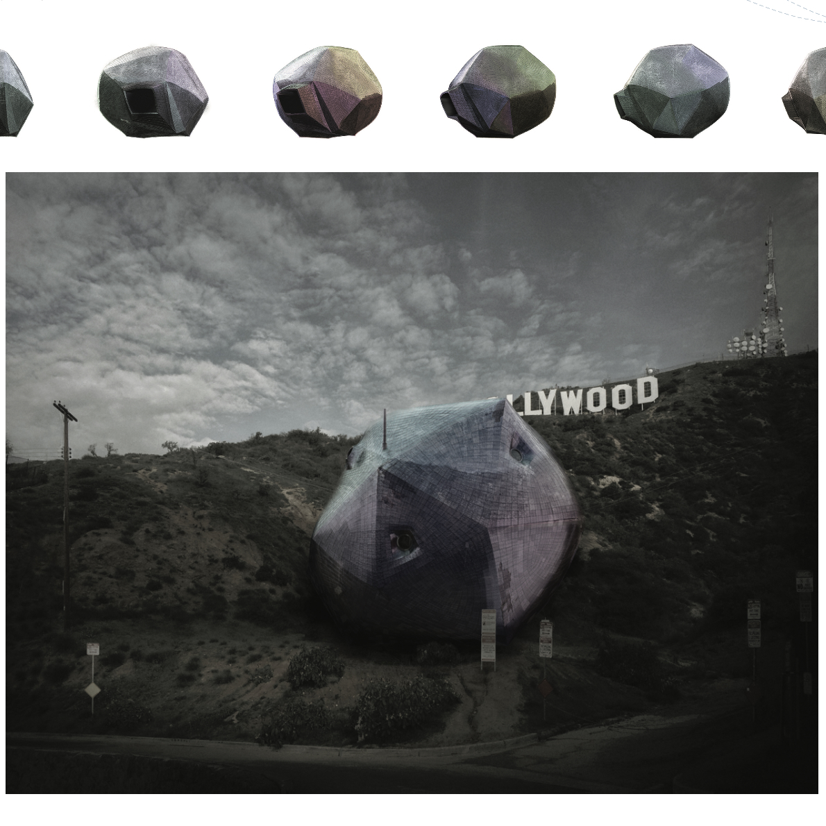 First Place entry 'Ambivalent House' by Jason Payne, Michael Zimmerman, Joseph Giampietro, and Ryosuke Imaeda of Hirsuta, Los Angeles: a faceted, solar-clad spheroid house designed for the Last House on Mulholland lot below the Hollywood Sign, slowly rotating so its many faces never look the same twice.
